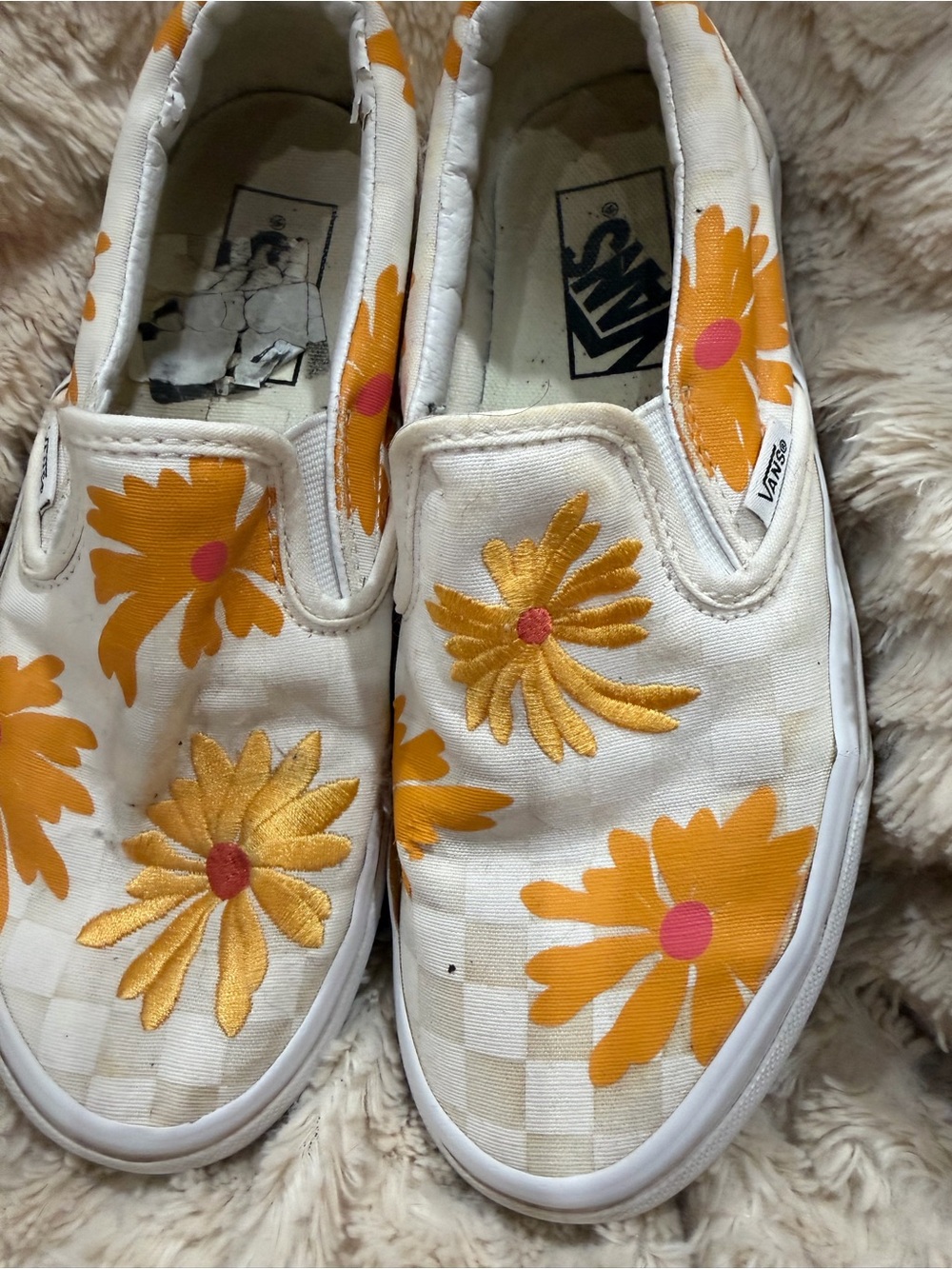 Vans Kids Slip-On White Canvas Sneakers with Yellow Floral Embroidery